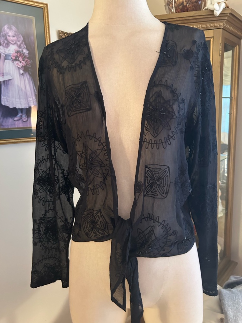 Chico's Black Sheer Embroidered Tie-Front Shrug